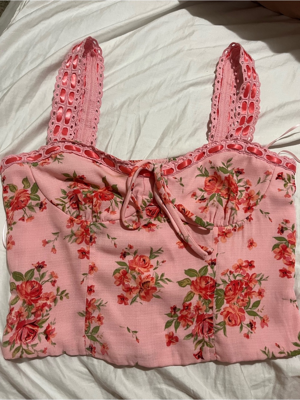 Floral Pink Bustier Crop Top with Tie Front